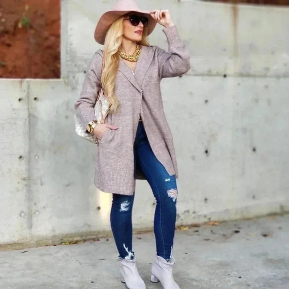 Mauve Open Front Knitted Cardigan with hood - Picture 5 of 8